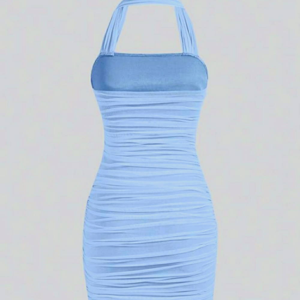 Light blue ruched halter dress